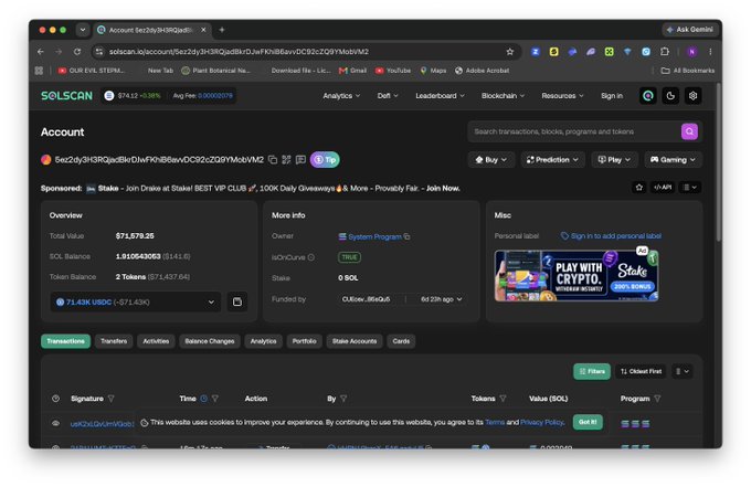A screenshot of the Solscan account page for wallet address "5ez2dy3H3RQjadBkrDJwFKhiB6avvDC92cZQ9YMobVM," displaying a total value of $71,579.35, a SOL balance of 1.910543063 ($143.6), and a token balance of 2 Tokens valued at $71,427.54. The image supports the claim by showing the wallet's recent activity and holdings, providing on-chain evidence of the Moonpay dev wallet's token accumulation.