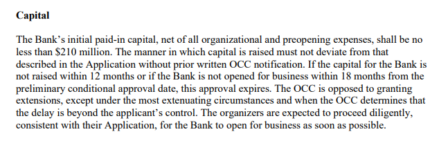 A text excerpt under the heading 'Capital' stating that the Bank's initial paid-in capital shall be no less than $210 million, referencing OCC notification and conditional approval timelines.