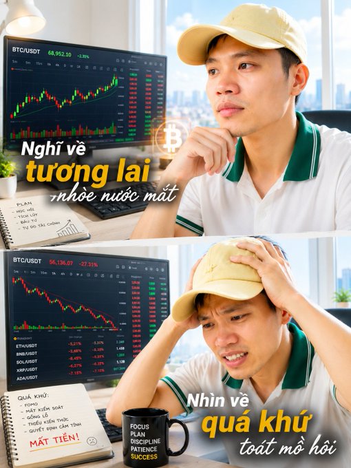 A two-panel meme showing a man at a computer, with the top panel labeled 'Nghĩ về tương lai nhòe nước mắt' (Thinking about the future brings tears) showing a green BTC/USDT chart, and the bottom panel 'Nhìn về quá khứ toát mồ hôi' (Looking at the past brings sweat) showing a crashing BTC/USDT chart down 27.31% with a notebook reading 'MẤT TIỀN' (Lost Money).
