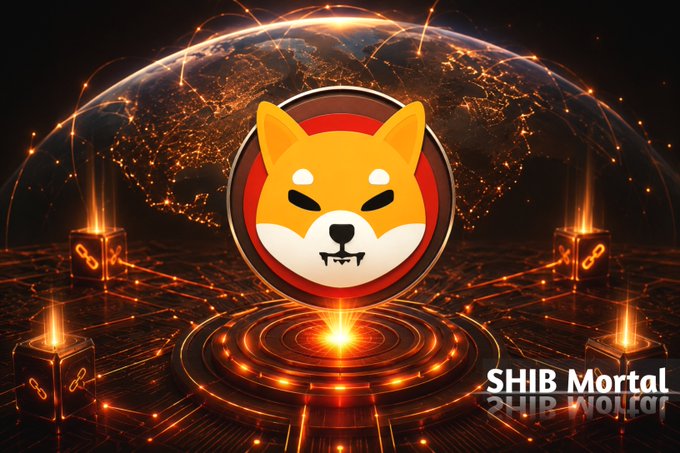 A stylized Shiba Inu mascot logo glows at the center of a futuristic, globe-like digital landscape with orange circuit-like nodes and connections, reflecting the post's theme of $SHIB's evolution beyond a meme into a globally connected utility token with Shibarium and multichain expansion. The text "SHIB Mortal" appears in the bottom right corner of the image.