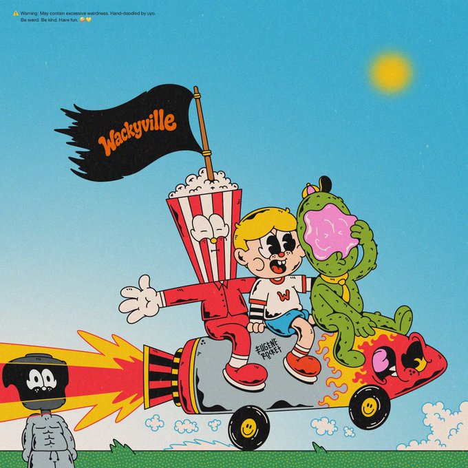 Wackyville cartoon artwork featuring three characters riding a rocket car with a black flag, accompanied by a warning about excessive watchiness being hand-doodled by Ugo.