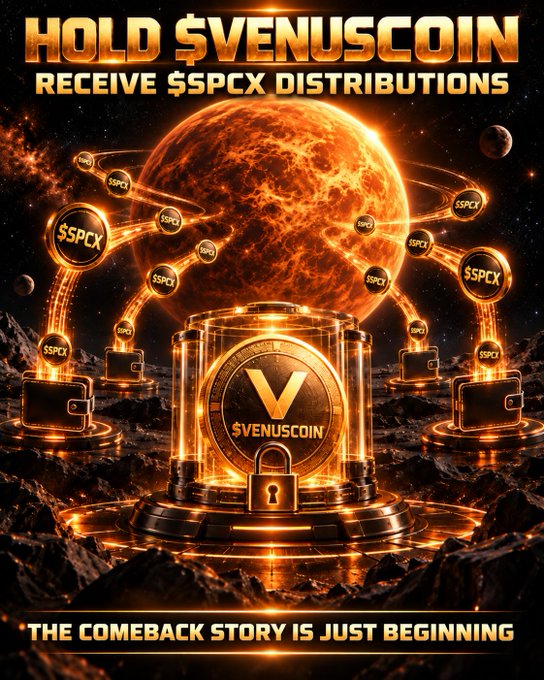 A promotional crypto graphic with a fiery orange planet background displays the text 'HOLD $VENUSCOIN RECEIVE $SPCX DISTRIBUTIONS' at the top and 'THE COMEBACK STORY IS JUST BEGINNING' at the bottom, featuring a central locked vault containing a gold '$VENUSCOIN' token surrounded by orbiting '$SPCX' coin icons and digital wallets.