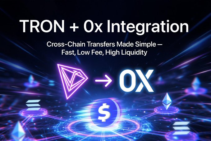 The image features a colorful graphic with several symbols and icons, including a dollar sign, an arrow pointing downwards, and another dollar sign above them. These icons are used to represent the concept of cross-chain transactions being made simple through tron integration. The caption below the image reads "TRON + 0x Integration: Finally Making Cross-Chain Transfers Simple tiếp thýng sự luôn á" which is a summary of what the image is trying to convey about the post it was created for.
