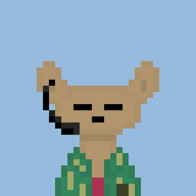 A pixel art character resembling a mouse or rodent with large ears and a headset, wearing a green and red outfit against a light blue background, evokes the retro NFT style from the 2021 boom referenced in the caption about Robinhood NFTs.
