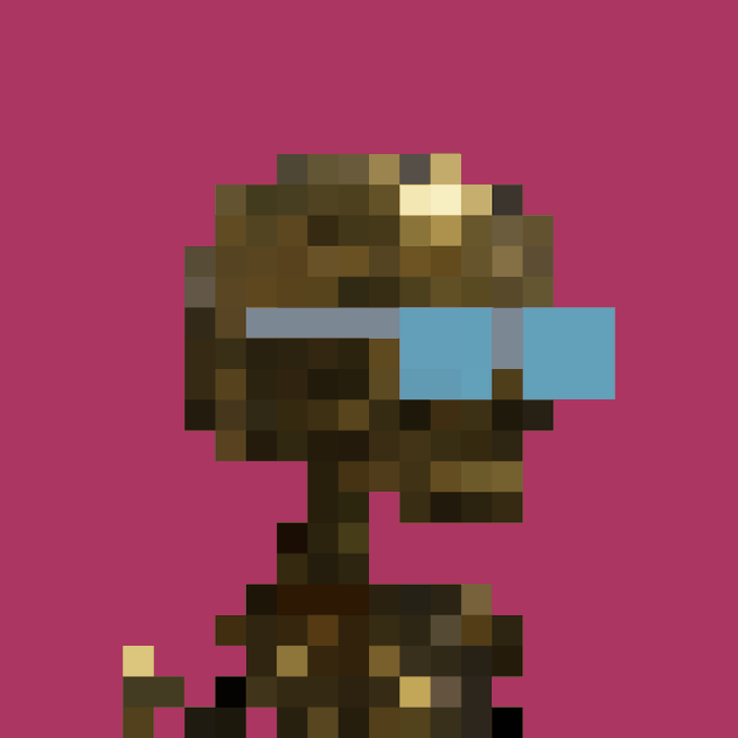 A pixel art sprite of a brown-skinned character with blue sunglasses against a solid magenta background.