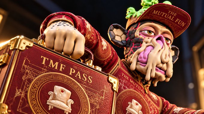 3D-rendered character wearing a red 'THE MUTUAL FUN' cap and outfit, holding a red 'TMF PASS' briefcase, with sunglasses reflecting a soccer ball pattern.