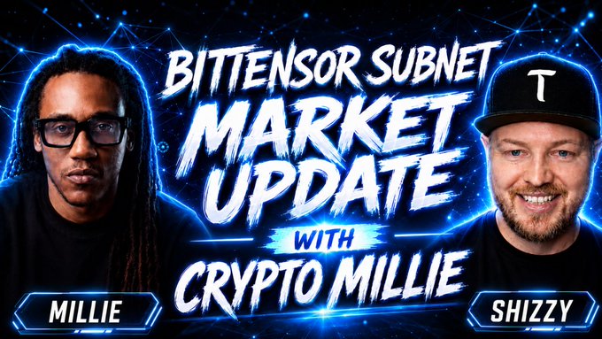 A promotional graphic for the "Bittensor Subnet Market Update with Crypto Millie," featuring two hosts labeled "Millie" and "Shizzy" set against a futuristic blue digital network background. The bold text overlay matches the post's announcement of a Sunday live stream at 7 PM ET focused on Bittensor subnets.