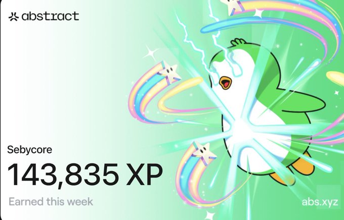 Another 'abstract' XP dashboard card for user 'Sebycore' showing '143,835 XP Earned this week' with the same penguin mascot surrounded by colorful rainbow trails.
