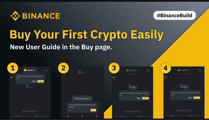 A Binance tutorial slide titled 'Buy Your First Crypto Easily' (#BinanceBuild), outlining a four-step new user guide for purchasing crypto.