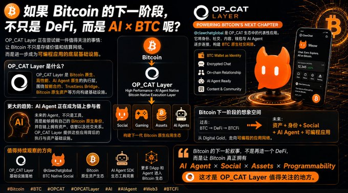 The image is a promotional infographic for OP_CAT Layer, a Bitcoin-based high-performance execution layer focused on AI integration, featuring its mascot "Meow" and outlining its goal of evolving Bitcoin beyond DeFi into programmable infrastructure combining AI Agents, Social, Assets, and BTC, with hashtags including #Bitcoin, #BTC, #OPCAT, #OPCATLayer, #AI, #AIAgent, #Web3, and #BTCFi.