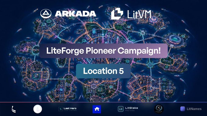A digital cityscape map advertisement for the 'LiteForge Pioneer Campaign! Location 5' featuring logos for ARKADA and LitVM along the top navigation bar.