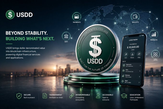 A promotional graphic for USDD cryptocurrency, featuring a large coin, a phone showing a wallet with a $10,000.00 balance, and text reading 'BEYOND STABILITY. BUILDING WHAT'S NEXT.'