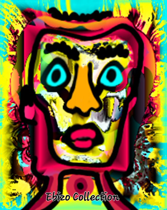 A vibrant, abstract digital artwork featuring a stylized face with large cyan eyes, an orange nose, and pink lips, surrounded by bold magenta and yellow colors, labeled 'Ebizo Collection' at the bottom.