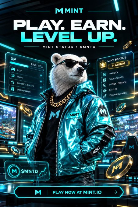 A promotional poster features a bear in sunglasses and a teal 'MINT' jacket, with text 'PLAY. EARN. LEVEL UP.' and 'PLAY NOW AT MINT.IO'.