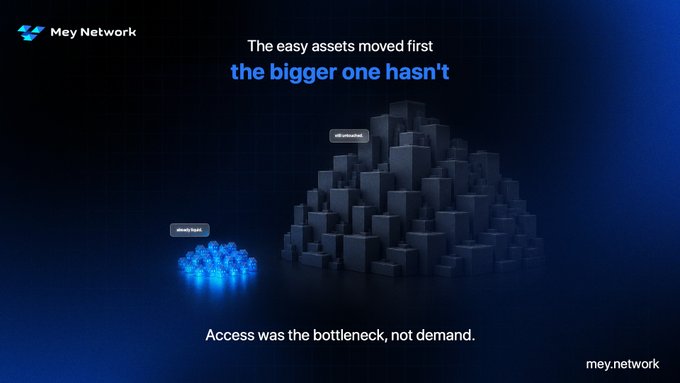 A Mey Network promotional graphic with the text 'The easy assets moved first the bigger one hasn't' showing 'MEY TOKEN' and 'NATIONAL' as two pyramid-like structures, with the caption 'Access was the bottleneck, not demand.'