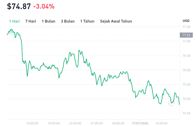 The image displays a Solana ($SOL) price chart showing a current price of $74.87 with a 3.04% decrease. The chart illustrates the price movement over a day, noting the testing of support levels around $74.50-$75.