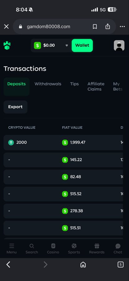 The image shows a Gamdom transactions page displaying a history of deposits totaling over $3,500 in fiat value, with one entry of 2000 in crypto value equaling $1,999.47. This relates to the post by promoting the MOCKER code for a 10% loss bonus and VIP transfer benefits on the Gamdom platform.