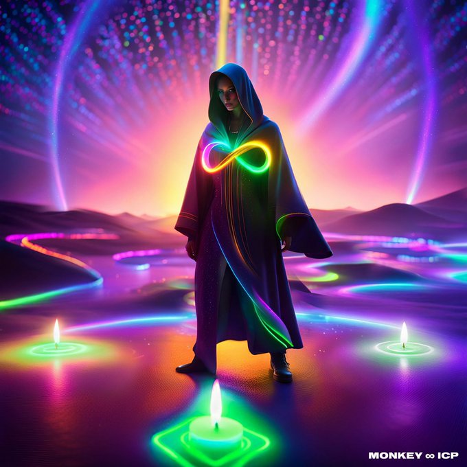 A digital artwork depicting a hooded figure in a dark cloak with a glowing neon infinity symbol on their chest, standing among glowing candles and neon-lit pathways in a vibrant, psychedelic landscape, watermarked 'MONKEY ∞ ICP'.