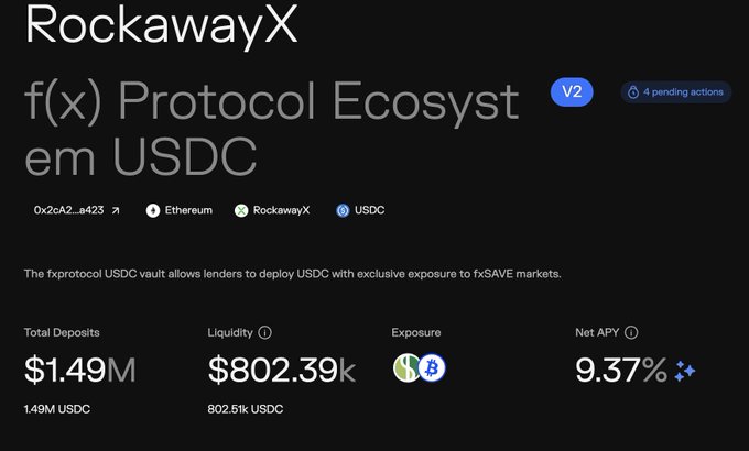 A screenshot of a crypto dashboard titled 'RockawayX f(x) Protocol Ecosystem USDC V2' showing total deposits of $1.49M USDC, liquidity of $802.39k, and a net APY of 9.37%.