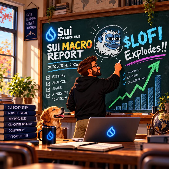 A digital illustration of a man drawing on a chalkboard advertising a 'Sui Research Hub SUI Macro Report' dated October 4, 2026, featuring '$LOFI Explodes!!' and a bar graph, with a dog and laptop nearby.