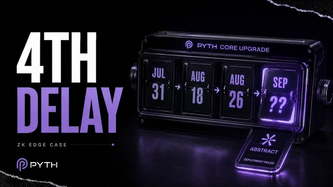 A promotional graphic announcing a '4TH DELAY' for the Pyth Core Upgrade due to a ZK edge case, displaying a timeline with past dates and an upcoming failed deployment marked 'SEP ??'.