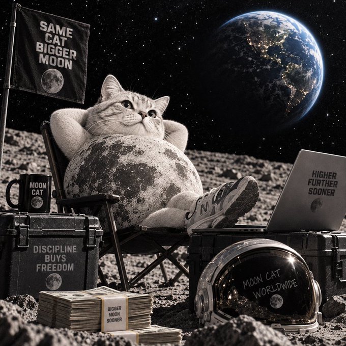 A chubby gray cat relaxes in a beach chair on the lunar surface surrounded by merchandise reading "SAME CAT BIGGER MOON," "DISCIPLINE BUYS FREEDOM," "HIGHER FURTHER SOONER," and "MOON CAT WORLDWIDE," with stacks of cash labeled "BIGGER MOON SOONER" and Earth looming in the background—perfectly visualizing the $MOONCAT super cycle narrative of bigger gains ahead.