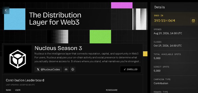 A dark-themed webpage displays 'The Distribution Layer for Web3' and 'Nucleus Season 3' with an 'ENROLLED' button, showing details like 'ENDS IN 39D 11H 06M' and 'TOTAL AVAILABLE SPOTS 5,000'.