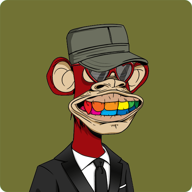 A cartoon illustration of a red monkey wearing a black suit, black tie, black cap, and sunglasses, with a wide grin showing rainbow-colored teeth against an olive green background.