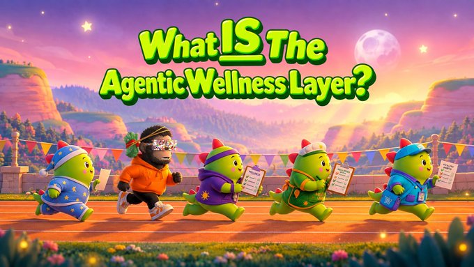 A colorful promotional image with the text "What IS The Agentic Wellness Layer?" featuring animated dinosaur-like characters in festive hats running on a track alongside a human figure, set against a pink fantasy landscape.
