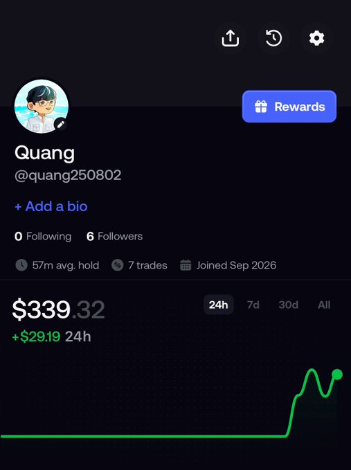The image shows a user profile for "Quang" (@quang250802) displaying a portfolio value of $339.32 with a +$29.19 gain over 24 hours, along with stats showing 0 following, 6 followers, 57m average hold time, 7 trades, and joined September 2026. The accompanying post highlights Quang's trading journey on the arc meme platform, with the profile's growing value reflecting the early progress toward his $10k goal promoted via the fomo.family referral link.
