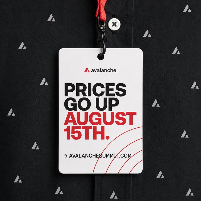 A white hangtag attached to a red lanyard on a dark patterned fabric displays the Avalanche Summit logo and announces "PRICES GO UP AUGUST 15TH." with a link to avalanchesummit.com. The tag serves as a visual reminder to secure tickets before the price increase for the NYC-based blockchain event happening September 16th-17th.
