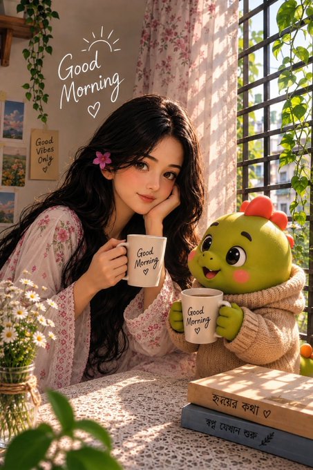 An illustrated image of a young woman with long dark hair drinking from a 'Good Morning' mug alongside a small green dragon character, with 'Good Morning' written on the wall.