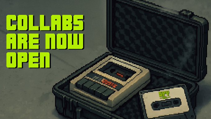 Pixel art style graphic with green text reading 'COLLABS ARE NOW OPEN' next to an open black protective case containing a retro Nintendo console and a game cartridge.