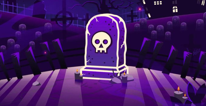 A cartoon-style Halloween illustration featuring a large tombstone with a skull symbol in a purple-toned graveyard setting with multiple gravestones and candles.