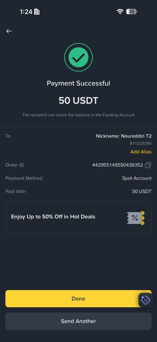 The image shows a "Payment Successful" confirmation for 50 USDT sent to Nickname: Nouredin T2 (ID 61122345), with order ID 442955149550436352, paid via Spot Account. It serves as proof of the $50 USDT transfer to @Noureddin_T2, supporting the claim of rewarding a community member.