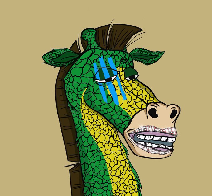A green and yellow giraffe character with a sparkling gem-encrusted grill mouth and blue tear streaks under its eyes, symbolizing loyalty and diamond-handed resilience to a Solana-based giraffe NFT despite market downturns.