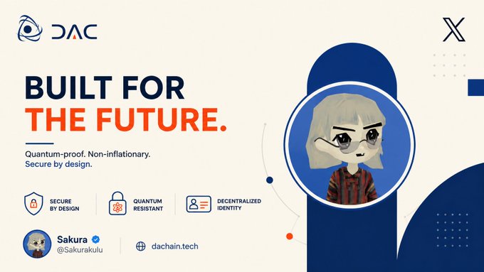 A promotional graphic for DAC blockchain featuring the headline "BUILT FOR THE FUTURE" alongside the tagline "Quantum-proof. Non-inflationary. Secure by design," with icons highlighting "Secure by Design," "Quantum Resistant," and "Decentralized Identity" features. The image also displays the username "Sakura @Sakurakulu" and the website "dachain.tech," visually reinforcing the post's message about DAC building security directly into its blockchain foundation rather than as an afterthought.