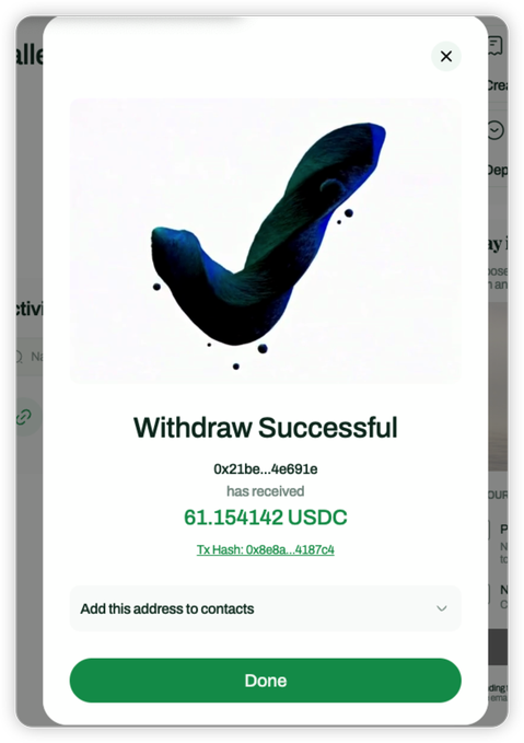 A 'Withdraw Successful' screen showing 61.154142 USDC has been received at address 0x21be...4e691e with transaction hash 0x8e8a...4187c4.