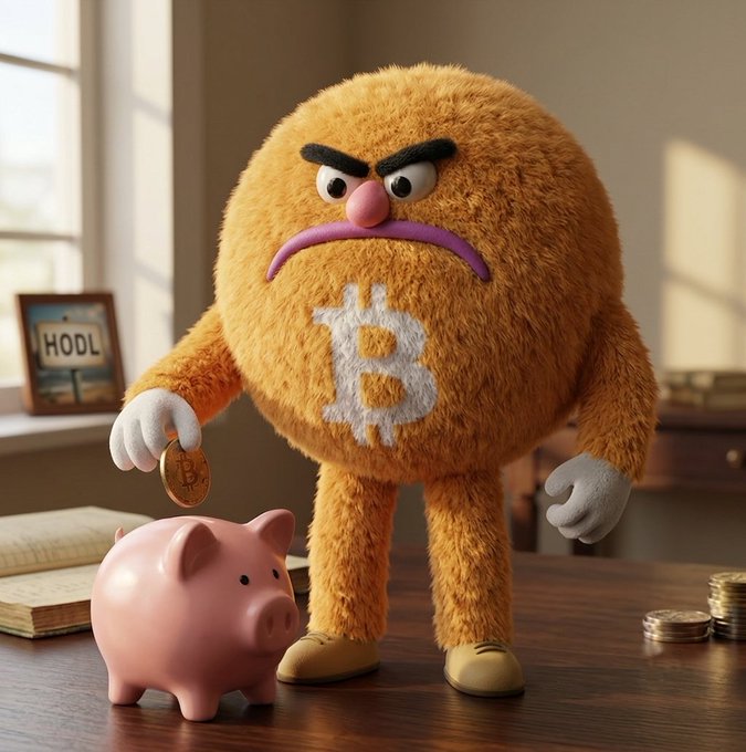 A fuzzy orange Bitcoin mascot with an angry expression, wearing a Bitcoin symbol on its chest, placing a coin into a pink piggy bank on a wooden desk.