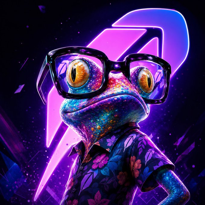 A vibrant digital artwork of a colorful, speckled frog-like creature wearing large black-framed glasses and a dark floral Hawaiian shirt, posed against a glowing purple lightning bolt background.