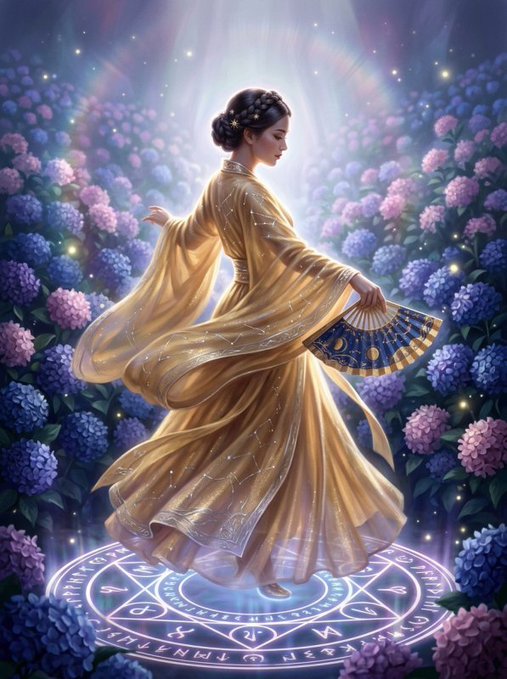 A fantasy illustration of a woman in a flowing golden dress holding a celestial fan, standing on a glowing magic circle surrounded by blue and purple hydrangeas under a starlit sky.