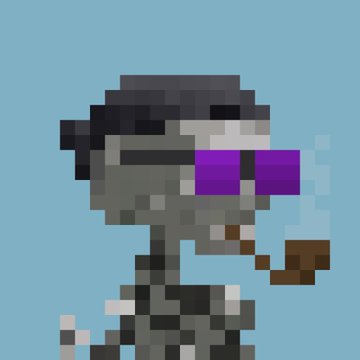 Pixel art of a skeleton character wearing purple sunglasses and a black beret, smoking a pipe against a light blue background.