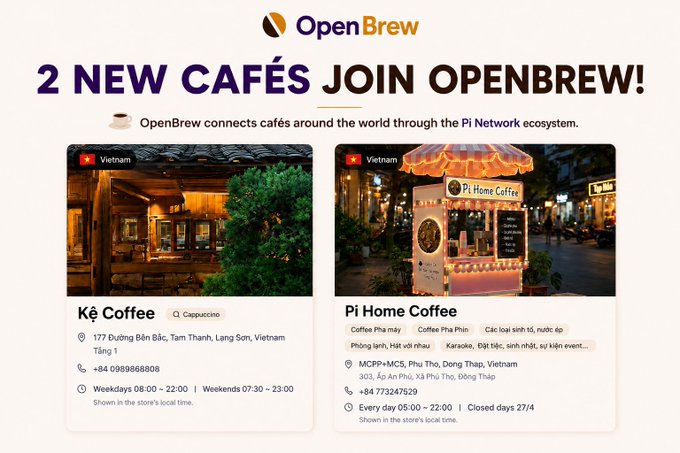 An announcement from 'OpenBrew' titled '2 NEW CAFÉS JOIN OPENBREW!' features listings for Kẻ Coffee and Pi Home Coffee, both located in Vietnam.