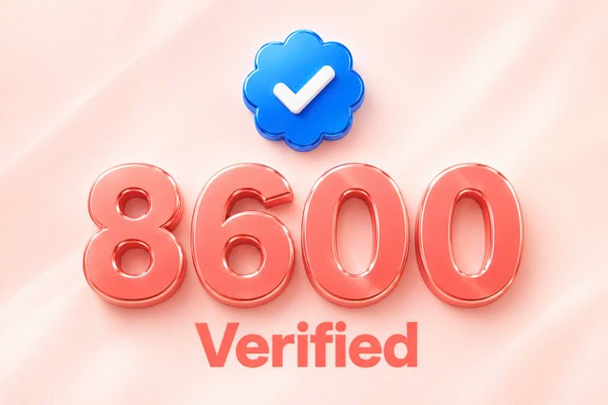 A 3D graphic features the number '8600' in glossy pink text with a blue checkmark badge above it and the word 'Verified' below, set against a wavy pink background.
