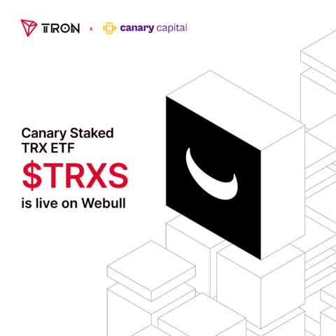 The image announces that the Canary Staked TRX ETF ($TRXS), a partnership between TRON and Canary Capital, is now live on Webull, featuring a black cube with a crescent logo amid isometric white blocks. It visually reinforces the post's news about expanding TRX exposure through traditional financial markets via this new Webull listing.