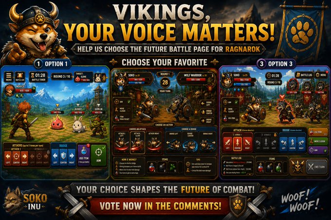 A promotional graphic titled 'VIKINGS, YOUR VOICE MATTERS! HELP US CHOOSE THE FUTURE BATTLE PAGE FOR RAGNAROK' showing three gameplay options labeled OPTION 1, CHOOSE YOUR FAVORITE, and OPTION 3, with a call to 'VOTE NOW IN THE COMMENTS!' from Soko Inu.