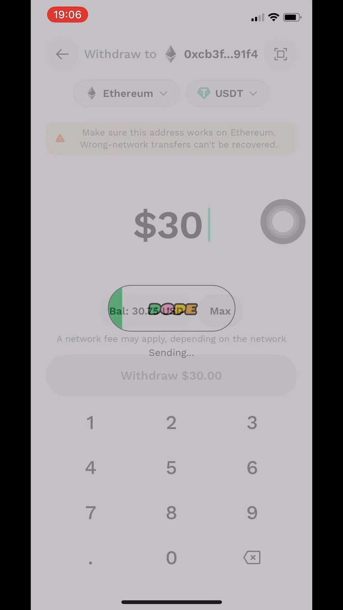 A mobile app screenshot showing a cryptocurrency withdrawal interface for $30 USDT on the Ethereum network, with the transaction status reading 'Sending...' and a numeric keypad displayed below.