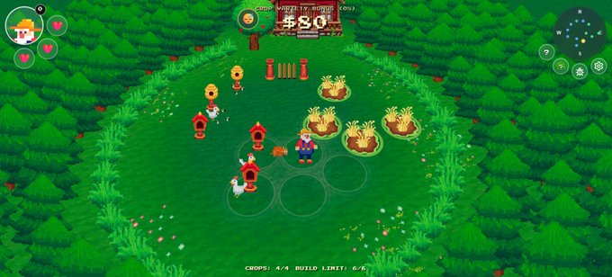 A pixel art top-down defense game showing a hero character defending against approaching crops and enemies in a forest clearing, with a 'KILLER TOMATO BOSS $50' score display and 'CROPS: 4/4 BUILD LIMIT: 6/6' UI text.