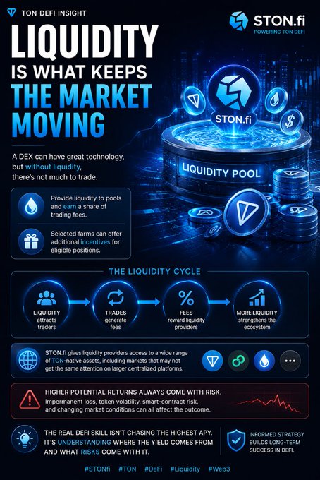 An infographic titled 'LIQUIDITY IS WHAT KEEPS THE MARKET MOVING' by STON.fi, detailing how providing liquidity to pools works, illustrating the liquidity cycle, and noting that DeFi skills involve understanding risk.
