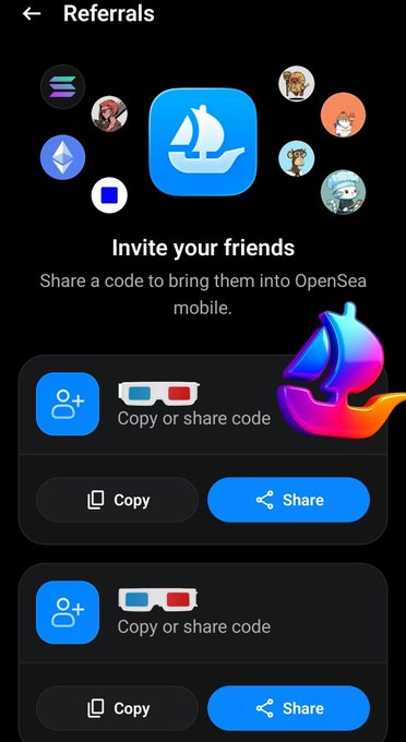 An OpenSea mobile app referrals page titled 'Invite your friends' with the text 'Share a code to bring them into OpenSea mobile' and two 'Copy or share code' sections.